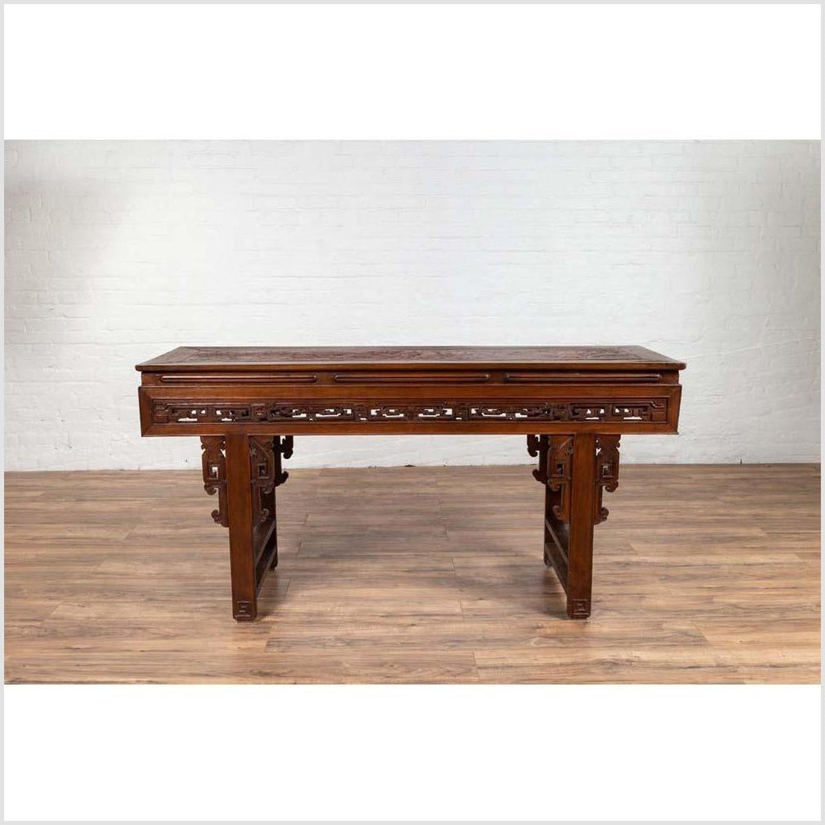 Antique Chinese Altar Console Table with Overhang Top and Open Fretwork Scrolls-17. Asian & Chinese Furniture, Art, Antiques, Vintage Home Décor for sale at FEA Home