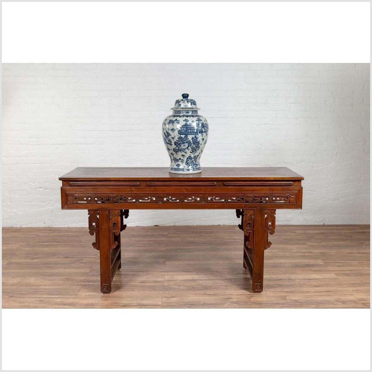 Antique Chinese Altar Console Table with Overhang Top and Open Fretwork Scrolls-3. Asian & Chinese Furniture, Art, Antiques, Vintage Home Décor for sale at FEA Home