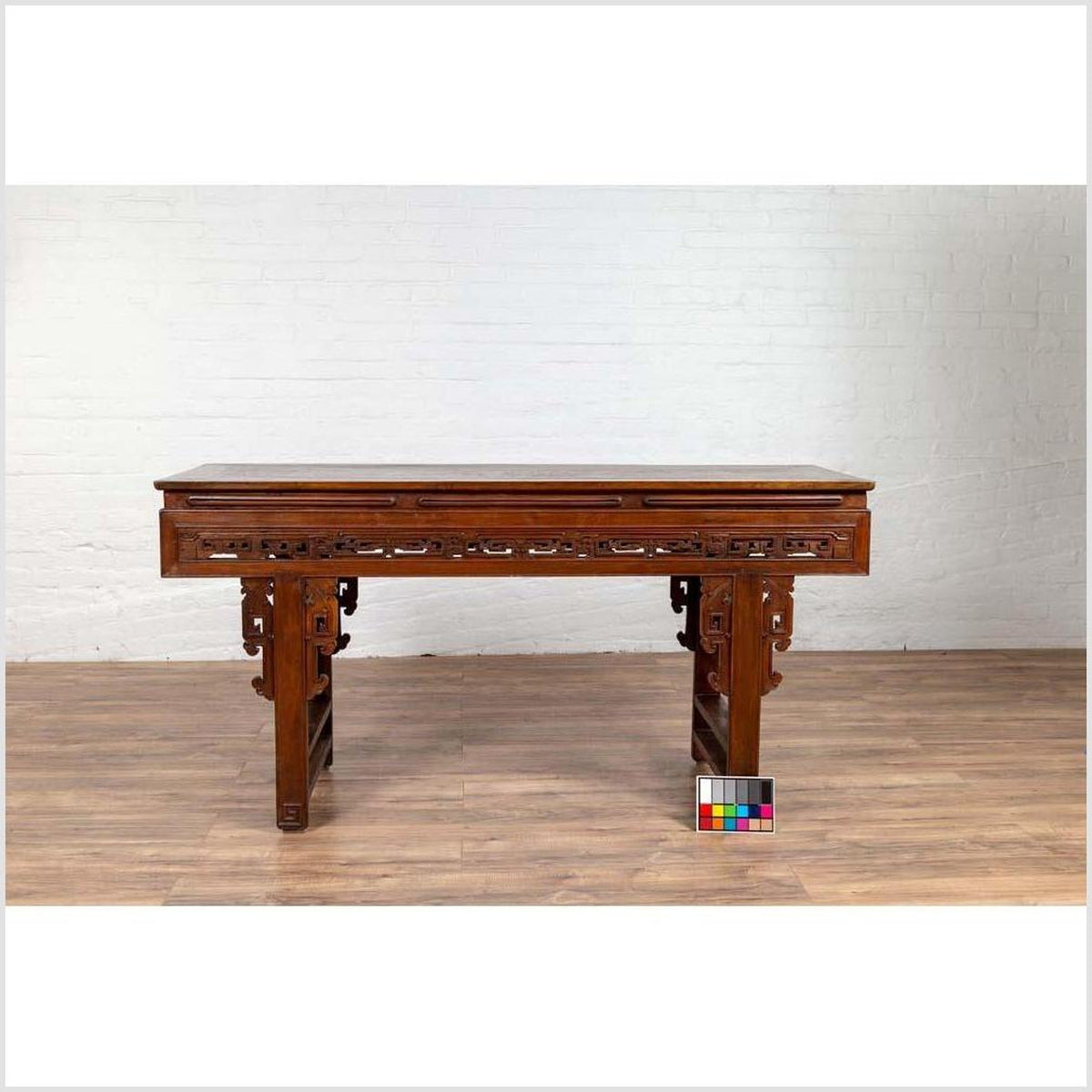 Antique Chinese Altar Console Table with Overhang Top and Open Fretwork Scrolls-4. Asian & Chinese Furniture, Art, Antiques, Vintage Home Décor for sale at FEA Home