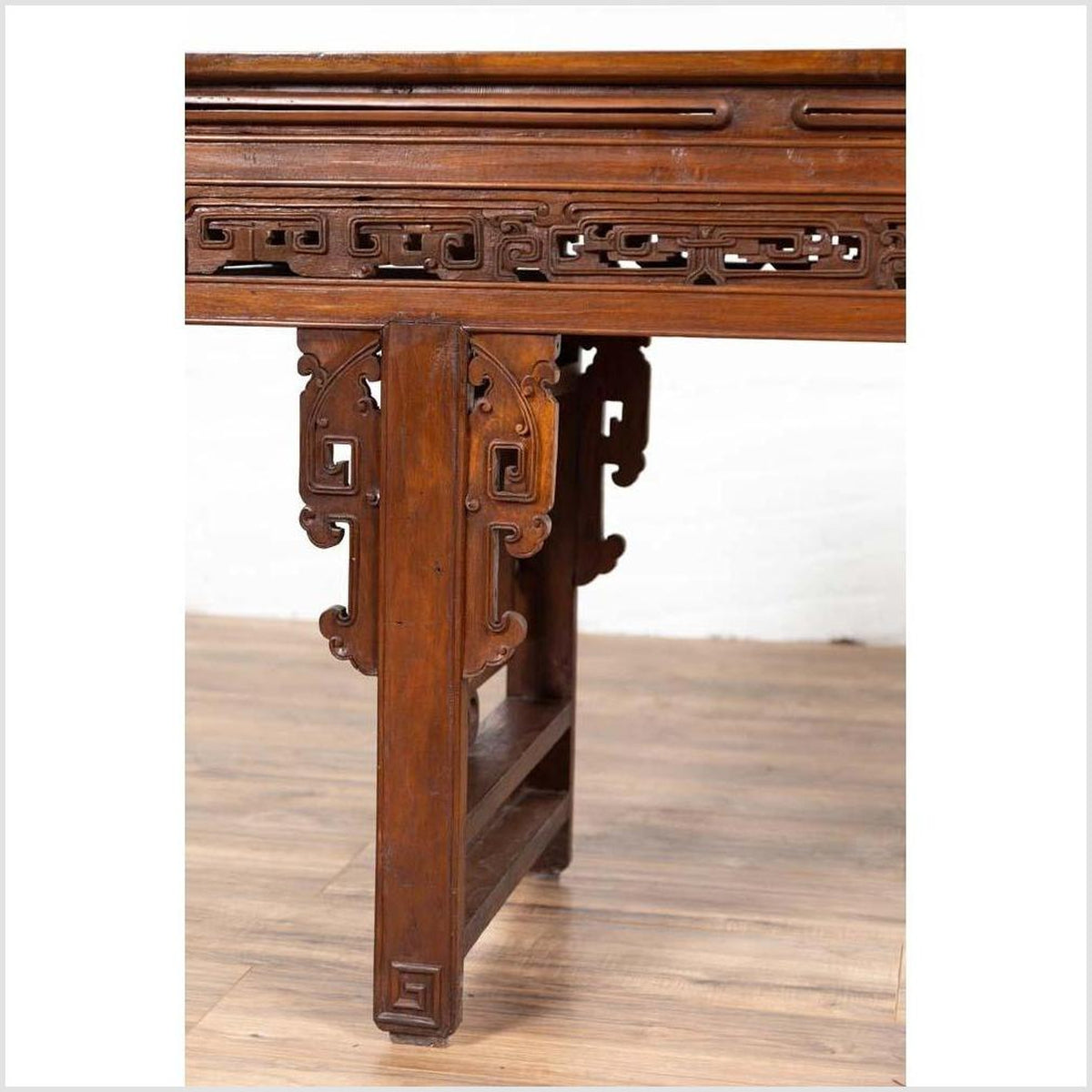 Antique Chinese Altar Console Table with Overhang Top and Open Fretwork Scrolls-5. Asian & Chinese Furniture, Art, Antiques, Vintage Home Décor for sale at FEA Home