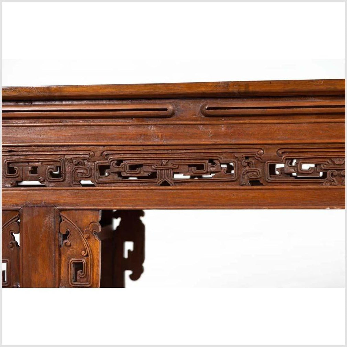 Antique Chinese Altar Console Table with Overhang Top and Open Fretwork Scrolls-6. Asian & Chinese Furniture, Art, Antiques, Vintage Home Décor for sale at FEA Home