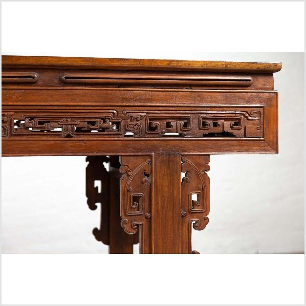 Antique Chinese Altar Console Table with Overhang Top and Open Fretwork Scrolls-8. Asian & Chinese Furniture, Art, Antiques, Vintage Home Décor for sale at FEA Home