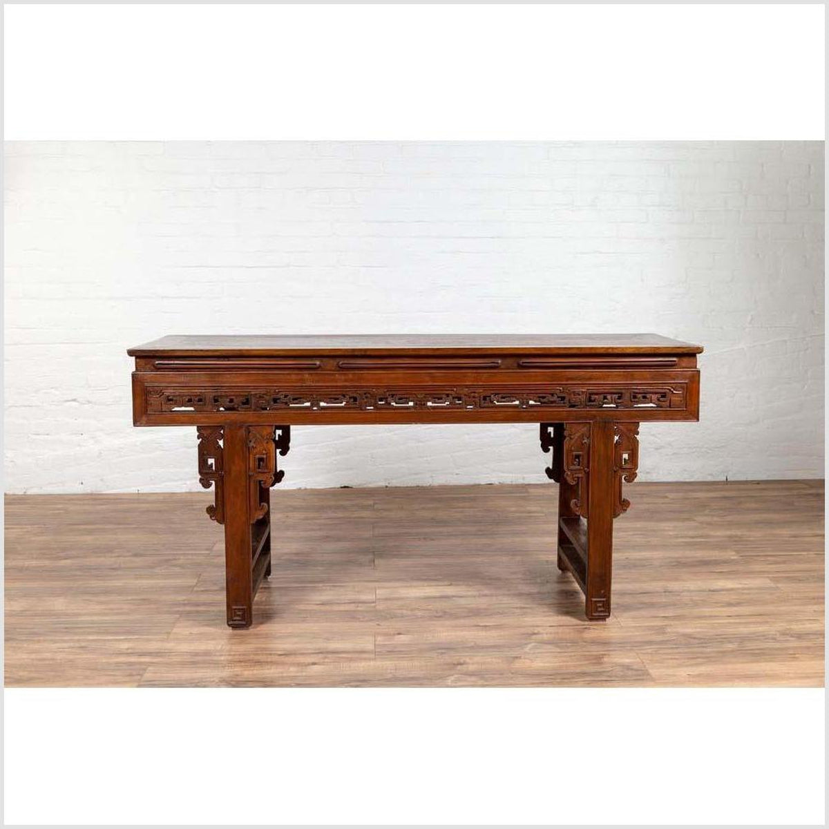 Antique Chinese Altar Console Table with Overhang Top and Open Fretwork Scrolls-2. Asian & Chinese Furniture, Art, Antiques, Vintage Home Décor for sale at FEA Home