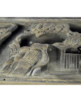 Close-up of antique wooden Chinese temple plaque with intricate floral pattern and house motif, 12x4x1, good condition.