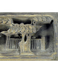 Brown carved wood Chinese temple plaque with trees and fence, rectangular, 12x4x1 inches, good condition.