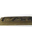 Brown wood Chinese temple plaque with carved fish and foliage, rectangular, close-up, good condition.