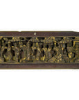 Gold-painted wood temple plaque with Chinese figures in traditional attire beneath ornate arches, close-up view.