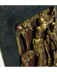 Close-up of red and gold carved wood Chinese wedding bed plaque, antique architectural detail, 11.5 x 6 x 0.75 inches.