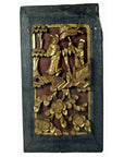 Close-up of red and gold carved wood Chinese wedding bed plaque with floral motifs and figures, 11.5"x6"x0.75".