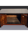Black lacquer antique Chinese cabinet open with empty shelf, shown against a plain background.