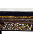 Black lacquered carved wood Chinese altar table with gold and red floral and human motifs on the apron.