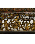Black lacquer carved wood Chinese altar table with gold and red figures, including a person on horseback.