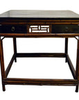 Black lacquered wood Chinese table with bamboo-style legs and two drawers, front view.