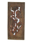 Brown wood rectangular panel with carved floral pattern, cutouts, and weathered vintage finish, close-up view.