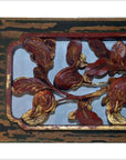 Gold gilt lacquer wood panel with blooming magnolia, red leaves, and fruit in a weathered antique Chinese frame.