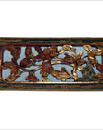 Gold lacquer wood magnolia floral carving panel with mirrored background, antique Chinese close-up.