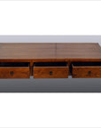 Brown tiger elm wood Chinese coffee table with three drawers, horse hoof legs, and round metal pull handles.