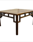 Brown wood antique Chinese coffee table with square top, bamboo-style joinery, and geometric frame.