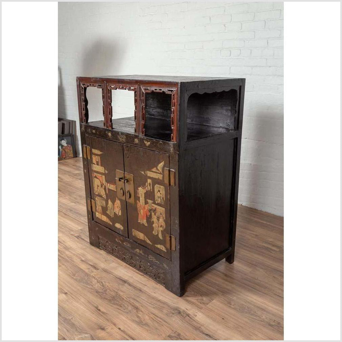 Antique Chinese Display Cabinet with Hand Painted Chinoiserie and Open Shelf-16. Asian & Chinese Furniture, Art, Antiques, Vintage Home Décor for sale at FEA Home