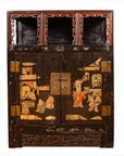 Black lacquered wood Chinese display cabinet with hand painted chinoiserie, open shelf, and brass handles.