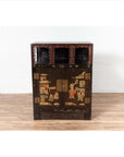 Brown wood Chinese display cabinet with hand painted chinoiserie and open shelf on wooden floor.