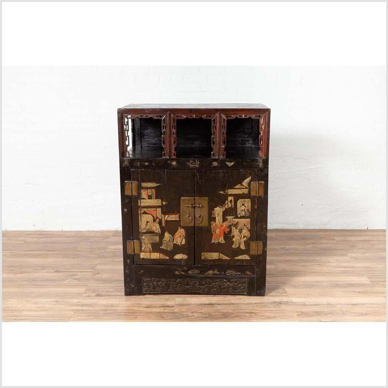 Antique Chinese Display Cabinet with Hand Painted Chinoiserie and Open Shelf-YN6114-3. Asian & Chinese Furniture, Art, Antiques, Vintage Home Décor for sale at FEA Home