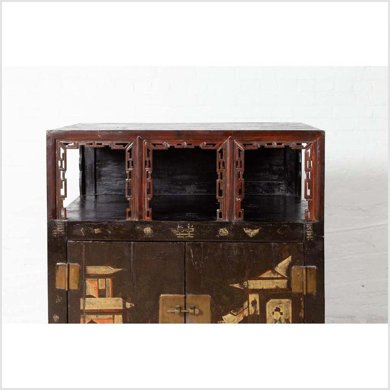 Antique Chinese Display Cabinet with Hand Painted Chinoiserie and Open Shelf-YN6114-6. Asian & Chinese Furniture, Art, Antiques, Vintage Home Décor for sale at FEA Home