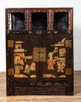 Black lacquered wood Chinese display cabinet with hand painted chinoiserie, open shelf, and brass handles.