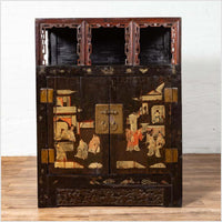 Antique Chinese Display Cabinet with Hand Painted Chinoiserie and Open Shelf