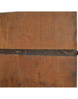 Brown wooden antique Chinese doors with horizontal metal hinge, plain white background.