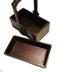Brown wooden box with handle and separate lid, antique Chinese style, displayed on a white background.