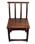 Brown elm wood antique Chinese chair with flat seat and three vertical backrest slats, studio setting.