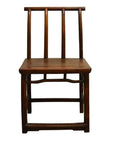 Brown wooden Chinese handmade chair with flat seat, vertical slatted backrest, square legs on white background.