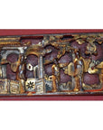 Gold gilt wood panel with hand-carved figures and floral details, antique Chinese ornate carving, close-up view.
