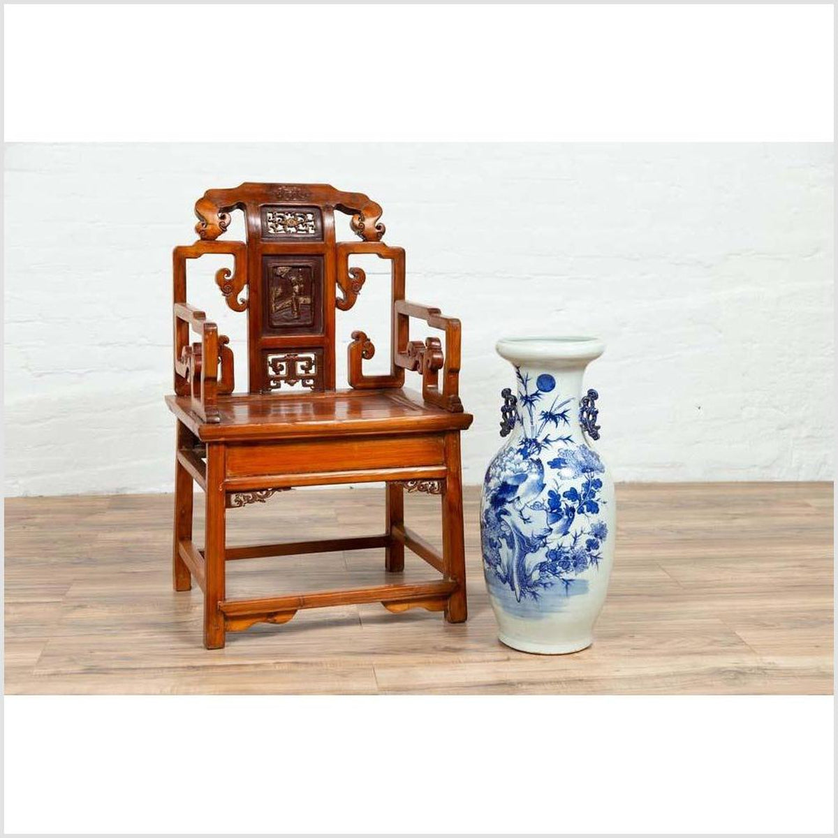 Antique Chinese Hand Carved Chair with Natural Wood Patina, Red and Gold Accents-3. Asian & Chinese Furniture, Art, Antiques, Vintage Home Décor for sale at FEA Home