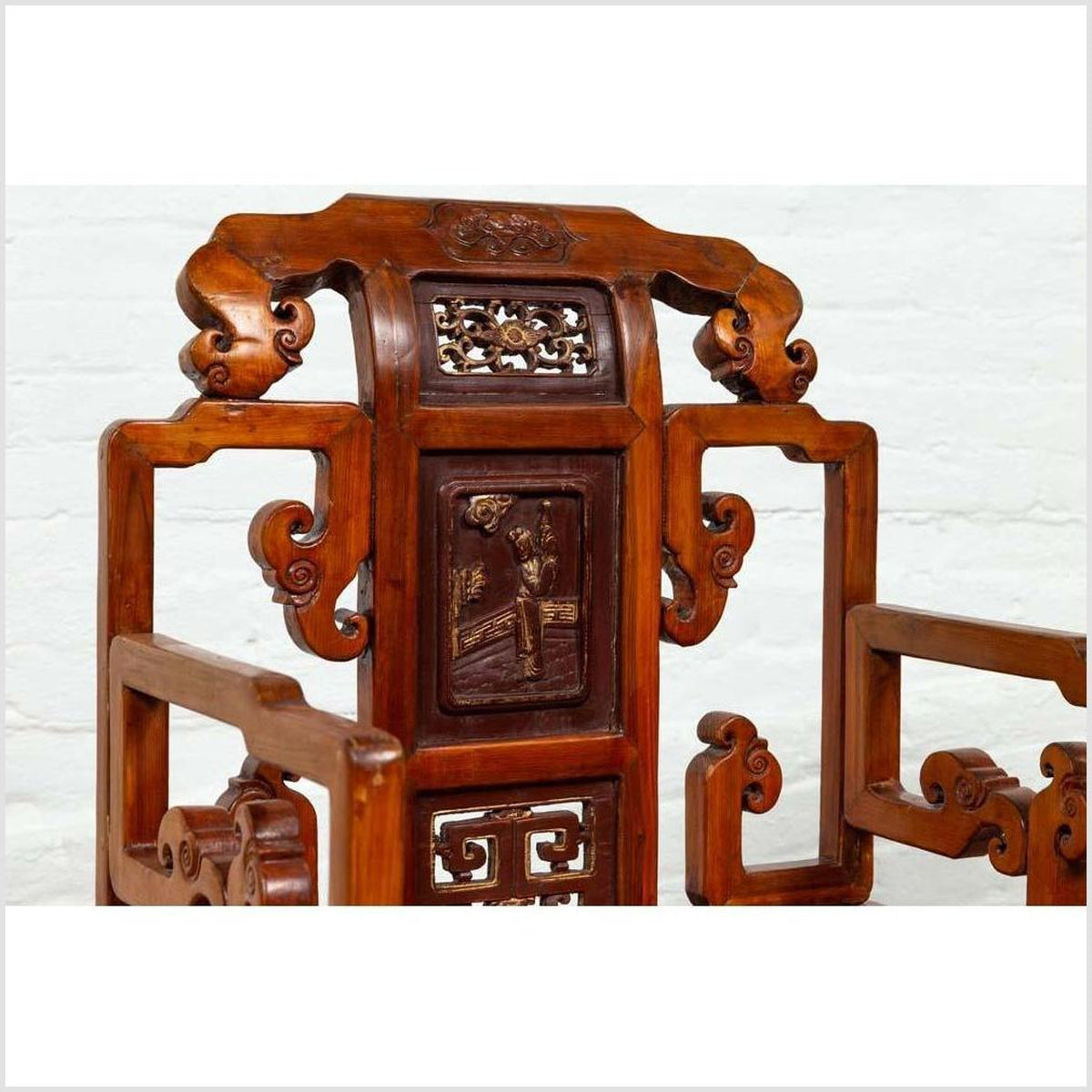 Antique Chinese Hand Carved Chair with Natural Wood Patina, Red and Gold Accents-6. Asian & Chinese Furniture, Art, Antiques, Vintage Home Décor for sale at FEA Home