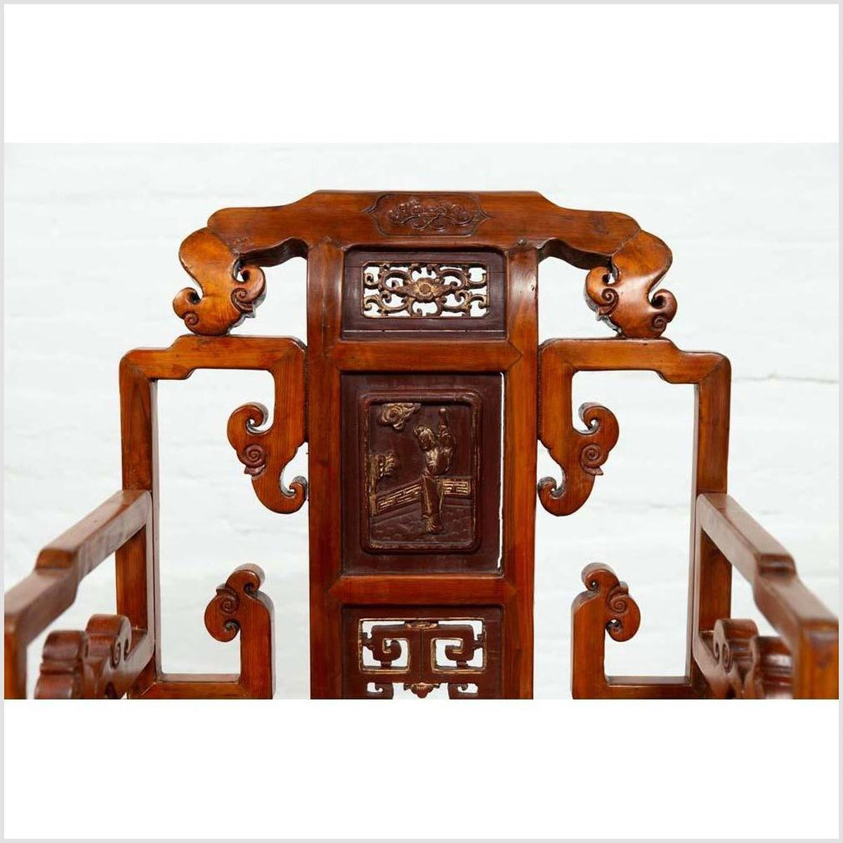 Antique Chinese Hand Carved Chair with Natural Wood Patina, Red and Gold Accents-7. Asian & Chinese Furniture, Art, Antiques, Vintage Home Décor for sale at FEA Home
