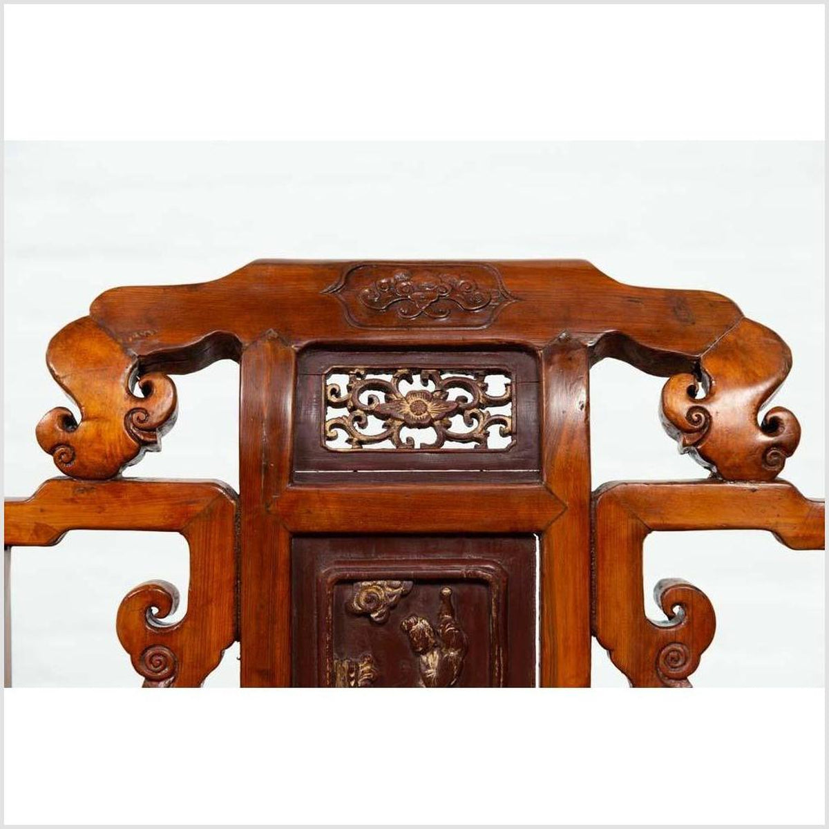 Antique Chinese Hand Carved Chair with Natural Wood Patina, Red and Gold Accents-8. Asian & Chinese Furniture, Art, Antiques, Vintage Home Décor for sale at FEA Home