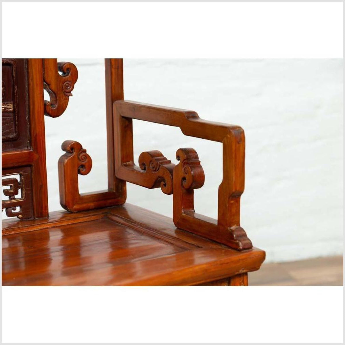 Antique Chinese Hand Carved Chair with Natural Wood Patina, Red and Gold Accents-10. Asian & Chinese Furniture, Art, Antiques, Vintage Home Décor for sale at FEA Home