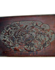 Dark rosewood lacquered Chinese wall plaque with hand-carved birds and flowers design, close-up view.