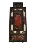 Red lacquer and gilt wood Chinese panel, close-up of intricate multi-figure carving and scroll details.