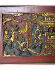 Brown lacquered and gilded wood wall decor with four carved figures near ornate building, antique Chinese style.