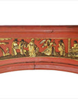 Red wooden sign with gilded carved figures in traditional dress, arched bottom, antique Chinese design.