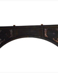 Dark wood hand-carved Chinese sign with curved shape, painted floral corners, and wire on back.