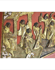 Red and gold hand-carved wooden sign with gilded figures in traditional dress, antique Chinese decor.