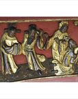Red wooden sign with hand-carved four robed figures, antique Chinese, 19th century.