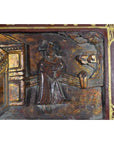 Black lacquer wooden box with central latch and ornate stylized bird design, shown on neutral background.