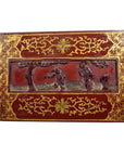 Black and gold lacquer antique Chinese rectangular box with gilt geometric and floral designs, dancing figures on lid.