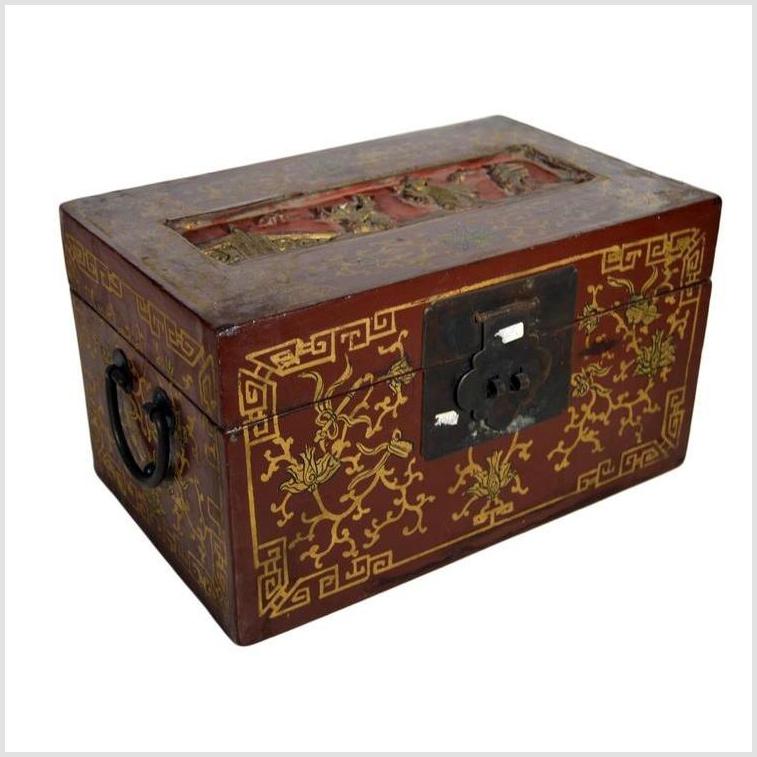 Antique Chinese Lacquer Box – Raised Top Scene, Red & Gold Finish-3. Asian & Chinese Furniture, Art, Antiques, Vintage Home Décor for sale at FEA Home