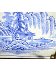 Blue and white porcelain tray with landscape design, pavilion, and willow trees, antique style.
